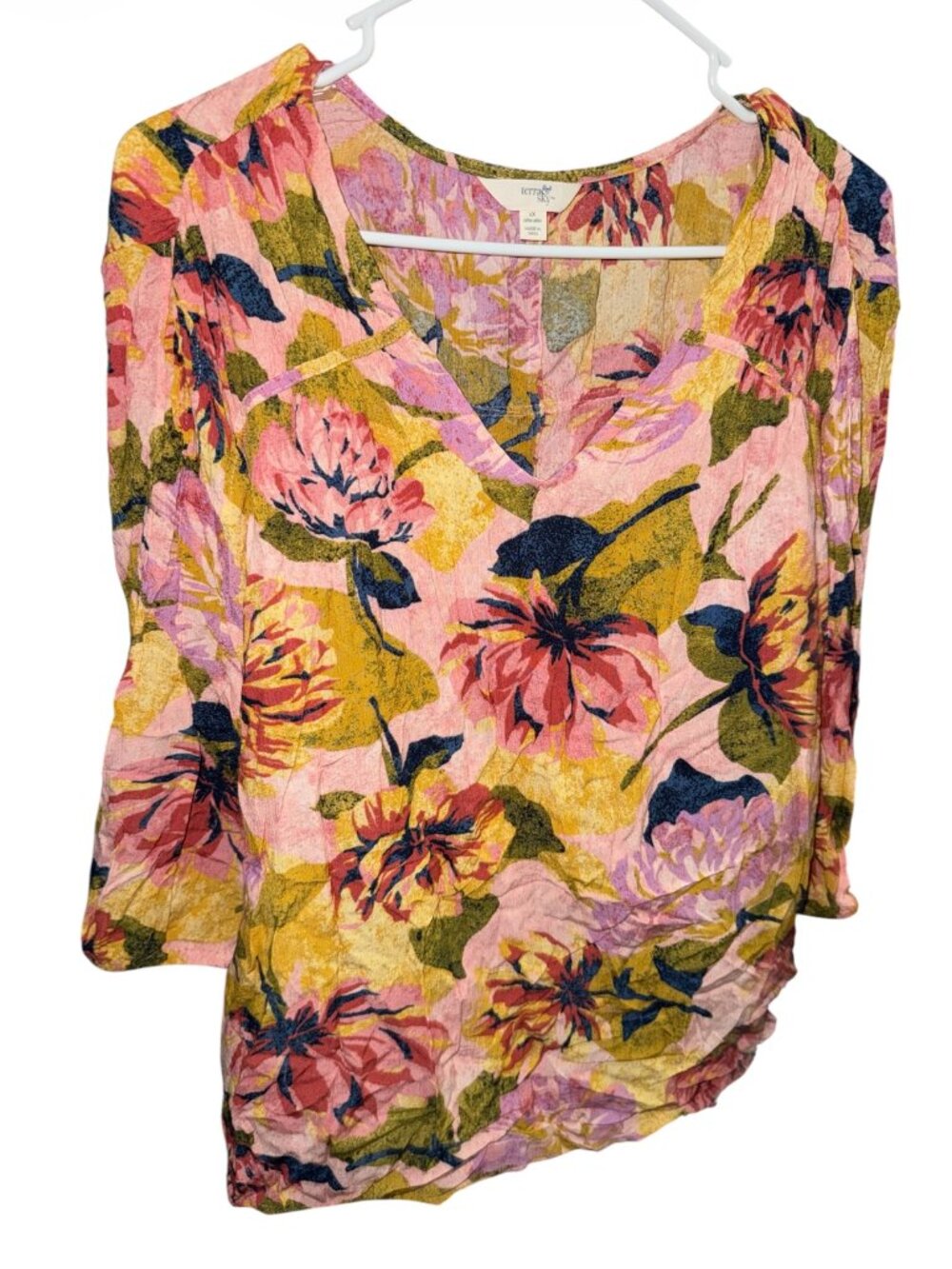Terra & Sky Pink Floral V-Neck Blouse Women's Size 1X